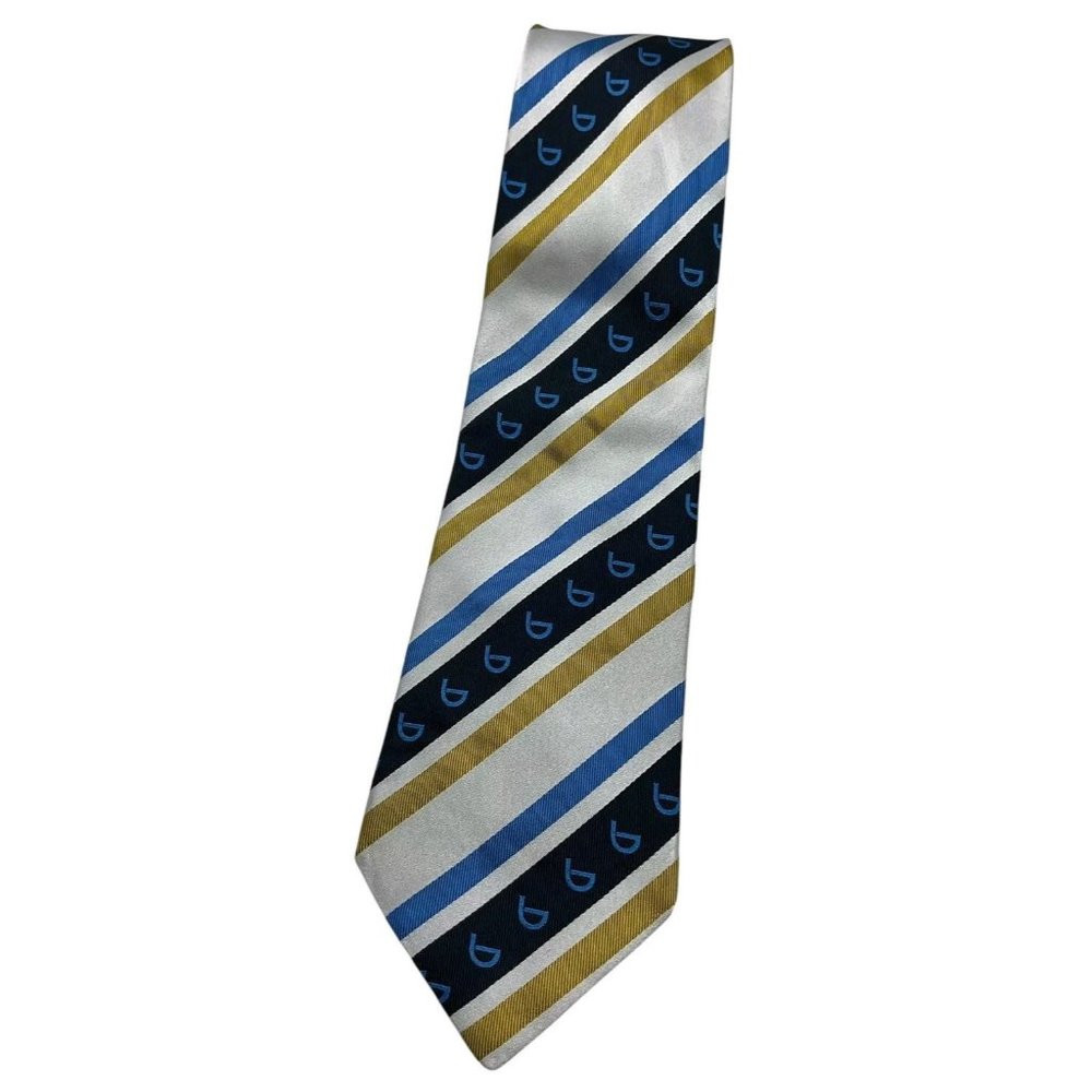 BYBLOS Men's Silk Necktie LUXURY Tie Ivory Blue Striped Monogram Logo W:3.7" EUC